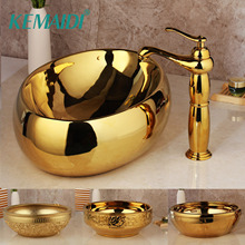 KEMAIDI-lavabo de cerámica dorado de lujo para baño, conjunto de fregadero, mezclador de latón sólido, juego de grifería 2024 - compra barato