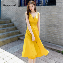 Solid A-line Dress Summer Black Yellow Sleeveless V-neck Spaghetti Strap Elegant Club Ladies Dress Vintage Party Korean Dresses 2024 - buy cheap