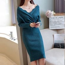 Women Sweater Knitted Dress Winter Autumn Slim Elastic Ruffles V-Neck Long Sleeve Sexy Lady Pullover Knitting Dresses FP1324 2024 - buy cheap