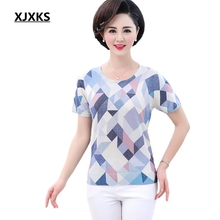 XJXKS 2019 nueva moda patrón geométrico fino suelto o-Cuello de manga corta Camisas Mujer punto T camisa mujeres 2024 - compra barato