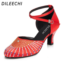 DILEECHI Irene Latin dance shoes female adult satin diamond dance shoes square women's dance shoes ballroom dancing shoes 2024 - buy cheap