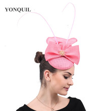 Acessórios fascinator rosa chapéus elegantes senhoras faixa com pena presilhas de cabelo presilhas para festa igreja acessórios de cabeça corrida chá 2024 - compre barato