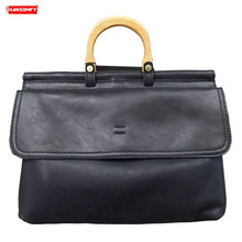 New Genuine Leather Women Handbag Female Business Briefcase Messenger Bag Wooden Handle Portable Official Commuter Shoulder Bags 2024 - buy cheap