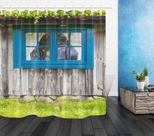 LB-cortina de ducha de pared de madera Estilo Vintage rústico, cortina de ducha con ventana azul, piedra y hierba verde, tela impermeable para baño, decoración de bañera 2024 - compra barato
