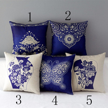 Oriental Floral Cushion Cover Blue White Chinese Style Throw Pillow Case Linen Cotton Decorative Flower Porcelain Pillows cojin 2024 - buy cheap