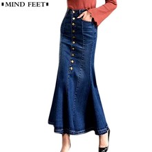 Saia jeans feminina plus size, saia longa de sereia com fivela, força elástica de cultivo, cauda de peixe 2024 - compre barato