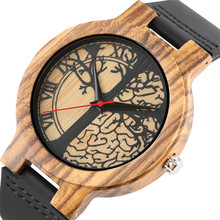 Unique Painting Life Tree Display Round Quartz Wood Watch Men Women Genuine Leather Wrist Watch Creative Wooden Men's Watches 2024 - buy cheap