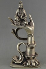 Elaborate Collectible Decorated Old Tibetan Silver Kwan-yin Sit In Buddha Hand Statue 2024 - buy cheap