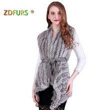 ZDFURS * Women Genuine Knitted Rabbit Fur Vests with belt sweater Waistcoat wholesale drop shipping 2024 - buy cheap