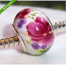 Wholesale 500pcs 9*14mm Murano Porcelain Ceramic Hot Pink Flower Pattern Spacer Crafts Loose Beads European Charms For Bracelet 2024 - buy cheap