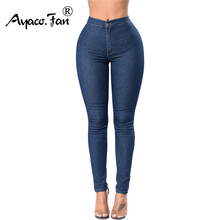 Jeans feminino cintura alta, azul escuro, casual, calça jeans para mulheres, primavera-verão, cintura alta, fino, elástico, levantamento hip, 2019 2024 - compre barato