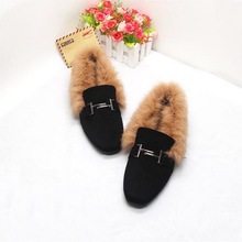 2021 Flat Bottom Square Head Rabbit Fur Shoes Small Size Plus Velvet Cotton Warm Shoes 31-32 Large Size Women Flat Shoes 41-44 2024 - buy cheap