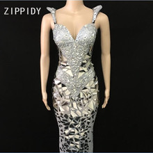 Silver Glisten Rhinestones Big Sequins Mesh Dress 2 Style Women's Birthday Outfit Female Singer Show Dress Nightclub Clothes 2024 - buy cheap