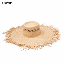 USPOP-sombreros de rafia para mujer, sombrero de paja ahuecado hecho a mano, ala ancha, bordes rugosos, sombrero de playa, sombra informal, 2020 2024 - compra barato