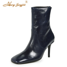 Nancyjayjii Dark Blue Leather Square Toe Women’S Ankle Boots Back Zipper Super Stiletto Heels Winter Short Booties Female Shoes 2024 - buy cheap