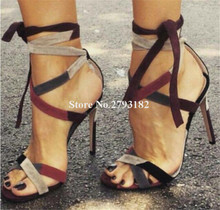 Women Sexy Wine Red Suede Color Patchwork Open Toe Thin Heel Gladiator Sandals Cut-out Lace-up High Heel Sandals Dress Shoes 2024 - buy cheap