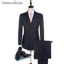 New Navy Blue Double Breasted Plaid Men Suits Slim Fit Wedding Suit For Men's Tailor Made Suit Groom Man Tuxedos (Jacket+Pants) 2024 - buy cheap