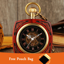 Relógio de bolso mecânico de madeira real, quadrado e gravado, corrente punk dourada, com pingente vintage e bolsa preta 2024 - compre barato
