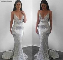 2019 New Arrival Cheap Mermaid Long Evening Dress Dubai Silver Sequins Holiday Women Wear Formal Party Prom Gown Custom Made 2024 - buy cheap
