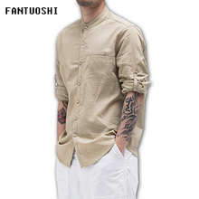 men shirt long sleeve slim Stand Collar Solid Casual Cotton Linen Shirt Single-breasted men's outerwear plus size 5XL 2024 - buy cheap