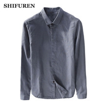 Рубашка SHIFUREN мужская с длинным рукавом, Повседневная блуза из хлопка и льна, топ с квадратным вырезом, однотонная модель, весна 2018 2024 - купить недорого