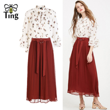 Tingfly Women Set Bow Floral Printing Shirt + Long Chiffon Skirts Two Pieces Set Woman Summer Street Casual Dress 2 Pcs Outfits 2024 - buy cheap