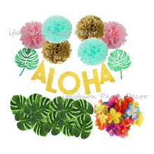 Luau decoração para festa, aloha, folhas de palmeira tropical, flores hibicus, pom poms, ouro, confete de látex, aniversário, havaiano 2024 - compre barato