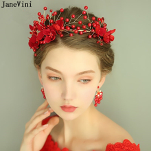 JaneVini Handmade Wedding Crowns Headband with Earrings Princess Party Headdress Romantic Red Bridal Jewelry Hair Accessories 2024 - buy cheap
