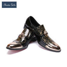 Christia bella itália homens apontou metal toe vestido sapatos preto sapatos de festa ouro floral impressão retalhos masculinos couro formal sapatos 2024 - compre barato