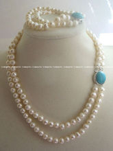 Conjunto de joias pandent colar de pérola branca com 2 fileiras 7-8mm 2024 - compre barato
