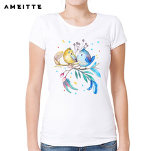 2019 AMEITTE Happy Birds Print T Shirt Women Summer Flower Short Sleeve Tshirts Harajuku Tees For Women White O-Neck Casual Tops 2024 - buy cheap