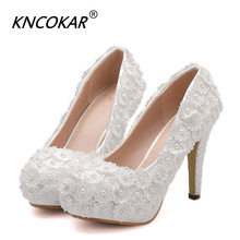 KNCOKAR-zapatos de boda de tacón alto para mujer, calzado de novia con encaje, con cristal, puntiagudos 2024 - compra barato