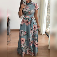 2018 outono novo vestido casual feminino manga curta vestidos impressos o pescoço bandage cinto maxi vestido vestidos feminino irregular robe 2024 - compre barato