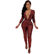 2019 Sexy Women Sequined Jumpsuit Long Sleeve Deep V Neck Jumpsuit Solid Pattern Skinny Sequin Jumpsuit Club Glossy Bodysuits 2024 - buy cheap