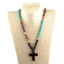 Fashion Bohemian Tribal Jewelry Multicolor Lava Natural Stones Knotted Stone Black Cross Pendant Necklaces Women Ethnic Necklace 2024 - buy cheap