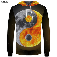 Мужская толстовка с капюшоном KYKU, серая толстовка в стиле хип-хоп с 3d принтом «Луна-пламя», Повседневная Уличная одежда с капюшоном, Yin Yang 2024 - купить недорого