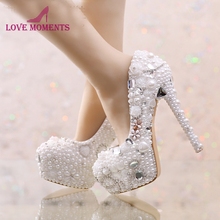 Zapatos de tacón alto hechos a mano para mujer, calzado de boda con perlas blancas bonitas, con plataforma de diamantes de imitación de amor verdadero, zapatos de vestir nupciales de fiesta de 2024 - compra barato