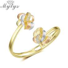 Mytys Open Cuff Bangles for Women Three Tone Gold Flower Charm Bracelets Bangles Romantic Wedding Party Jewelry B1127 2024 - buy cheap