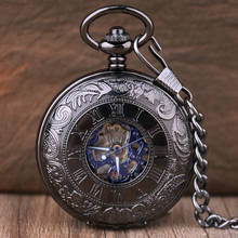 Antique Black Alloy Case Blue Roman Number Skeleton Dial Steampunk Mechanical Pocket Watch Gift for Men Women 2024 - buy cheap