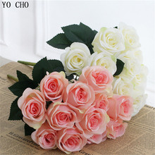 Искусственные розы, свадебные цветы, украшение на свадьбу, искусственная шелковая роза, настоящие на ощупь цветы, букет невесты, декор для домашвечерние, 12 головок 2024 - купить недорого