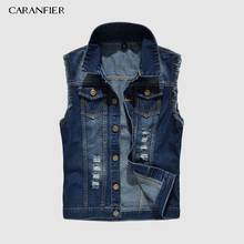 Caranfier colete jeans masculino, jaqueta sem mangas, rasgada, com borla, bolso, 6xl, primavera, streetwear, cowboy 2024 - compre barato