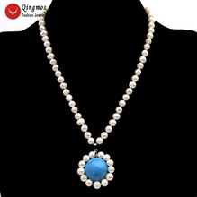 Женское Ожерелье Qingmos, ожерелье с подвеской из натурального жемчуга с белым жемчугом 6-7 мм и голубой бирюзовый 18 мм, 17 дюймов, 6529 2024 - купить недорого