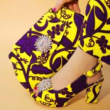Sapatos femininos amarelos com estilo cristal, venda imperdível, estilo africano, roxo, estampado em cera, conjunto de sapatos de mão, calcanhar, 7cm 2024 - compre barato