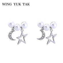 wing yuk tat Fashion Silver Color Star Moon Stud Earrings for Women Hot Sale Jewelry Classic White Simulated Pearl Small Earring 2024 - buy cheap