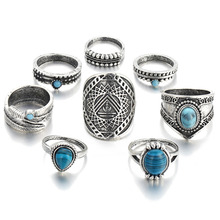 Женское кольцо в античном серебряном цвете, геометрическое кольцо с тотемным листом и перьями, ювелирное изделие на среднем пальце, аксессуары, набор колец с синими бусинами, 8 шт. 2024 - купить недорого