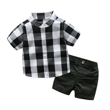 Conjunto de camisa xadrez e bermuda para crianças, conjunto de roupas sociais para meninos branco e preto 2024 - compre barato