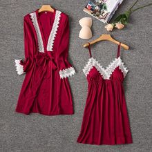 New Summer Women Robe & Gown Sets Sexy Lace Satin Silk Mini Nightdress With Bathrobe Two-pieces Ladies Nightwear Sleepwear Suit 2024 - buy cheap