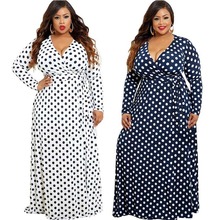 Womens Polka Dot Wrap Large Size Dresses Casual Long Sleeve V Neck Sashes Slim Print Maxi Gown Dress For Ladies Pullover L-5XL 2024 - buy cheap