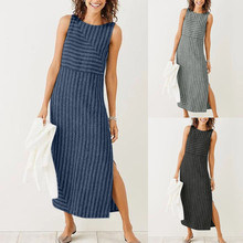 Summer Dress Women Casual Striped Sleeveless Dress Crew Neck Linen Long Dress Casual Condole belt Womens Clothing Mulheres 2024 - buy cheap