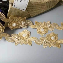 New 10x Gold Pearl Beaded Flower Leaf Embroidered Lace Trim Ribbon Fabric Handmade Sewing Craft For Costume Hat Decoration Hot 2024 - buy cheap